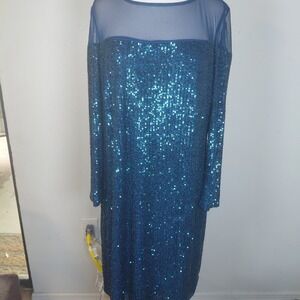 R&M Richards Peacock Blue Sequin Size 16 Mother of the Bride Dress Mesh Neckline